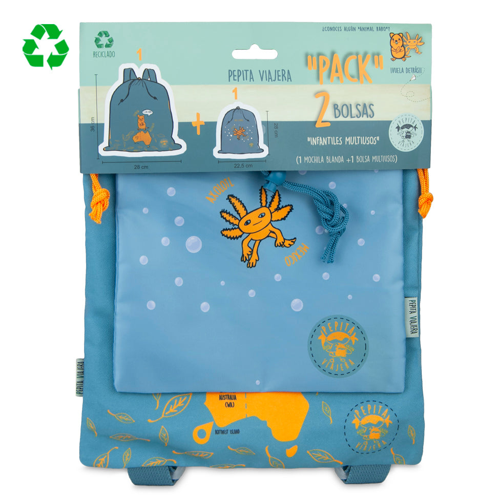 Pack Bolsas multiusos y Mochila blanda recicladas Animales Raros