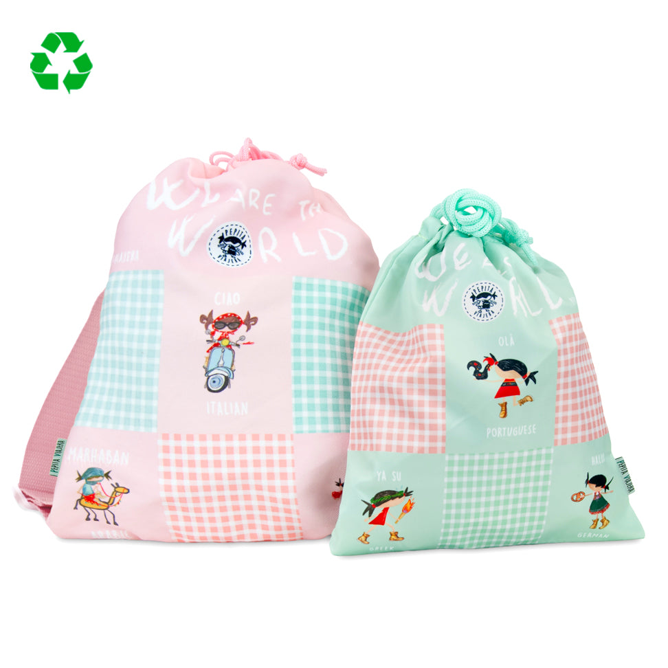 Pack Bolsas multiusos y Mochila blanda recicladas Saludos del Mundo