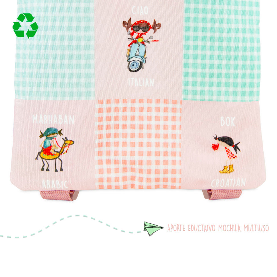 Pack Bolsas multiusos y Mochila blanda recicladas Saludos del Mundo