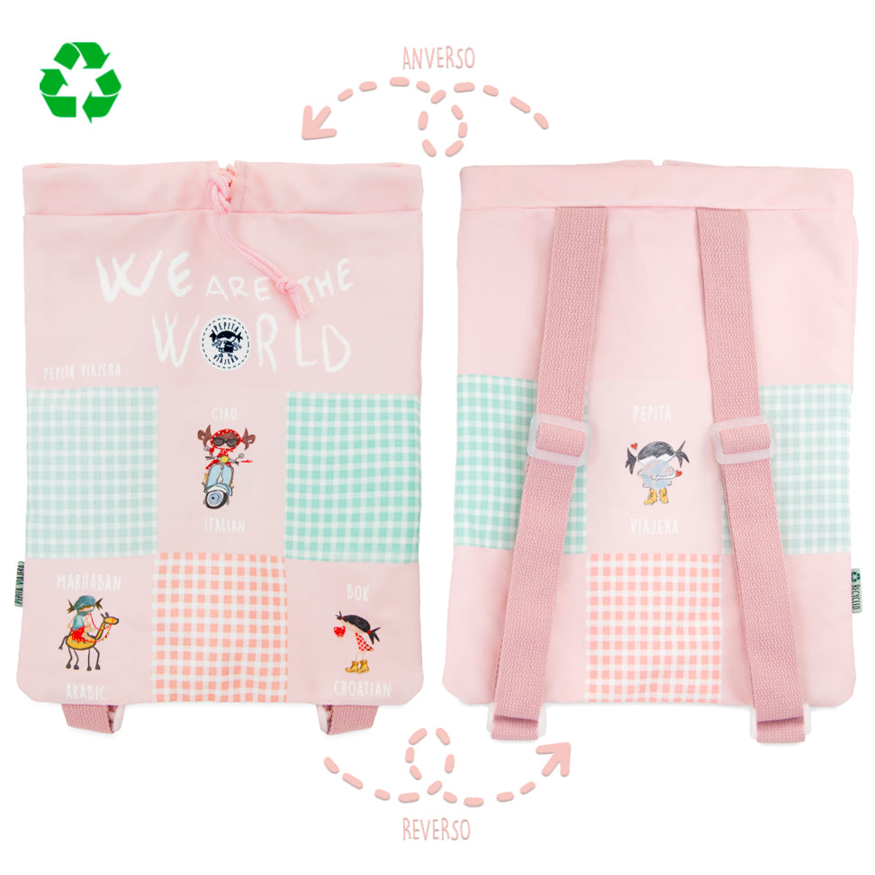 Pack Bolsas multiusos y Mochila blanda recicladas Saludos del Mundo