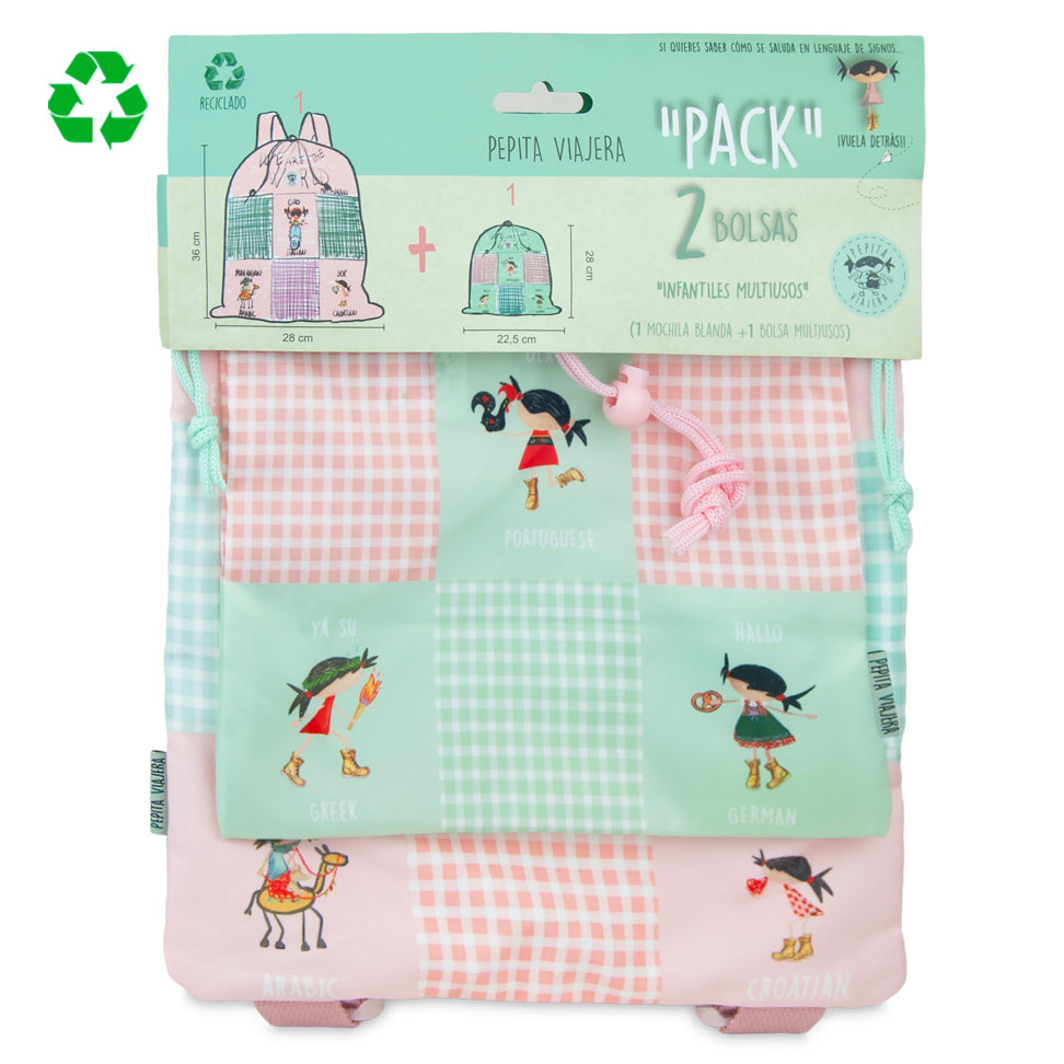 Pack Bolsas multiusos y Mochila blanda recicladas Saludos del Mundo