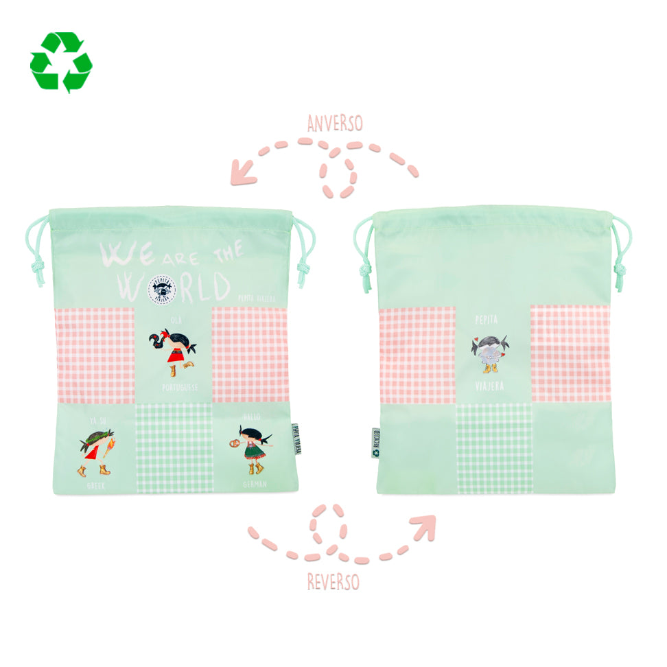 Pack Bolsas multiusos y Mochila blanda recicladas Saludos del Mundo