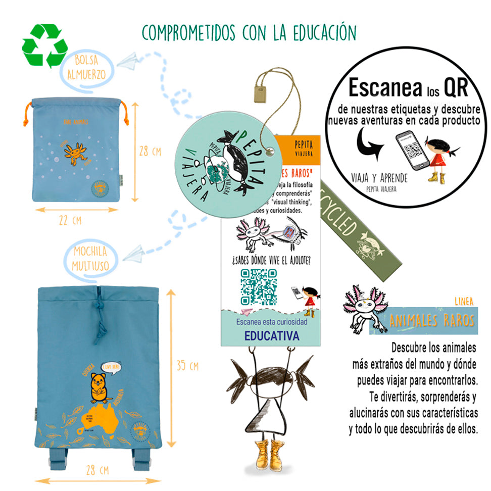 Pack Bolsas multiusos y Mochila blanda recicladas Animales Raros