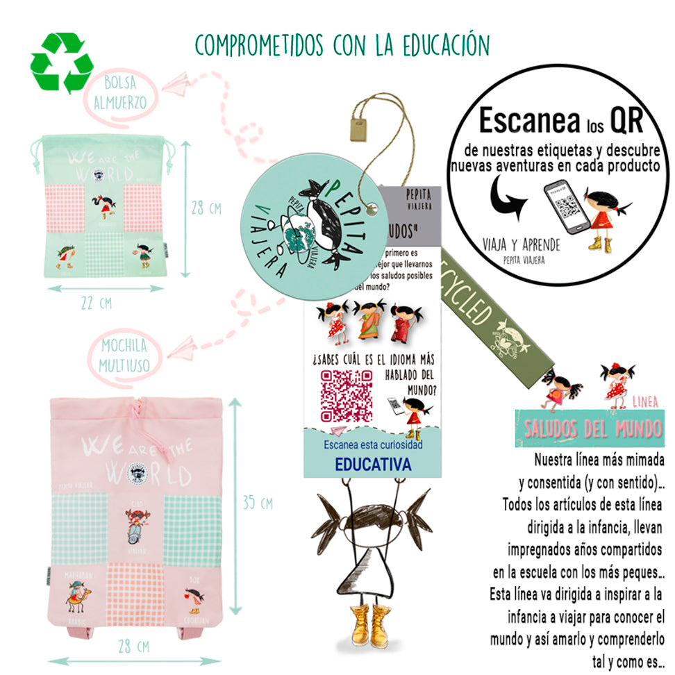 Pack Bolsas multiusos y Mochila blanda recicladas Saludos del Mundo