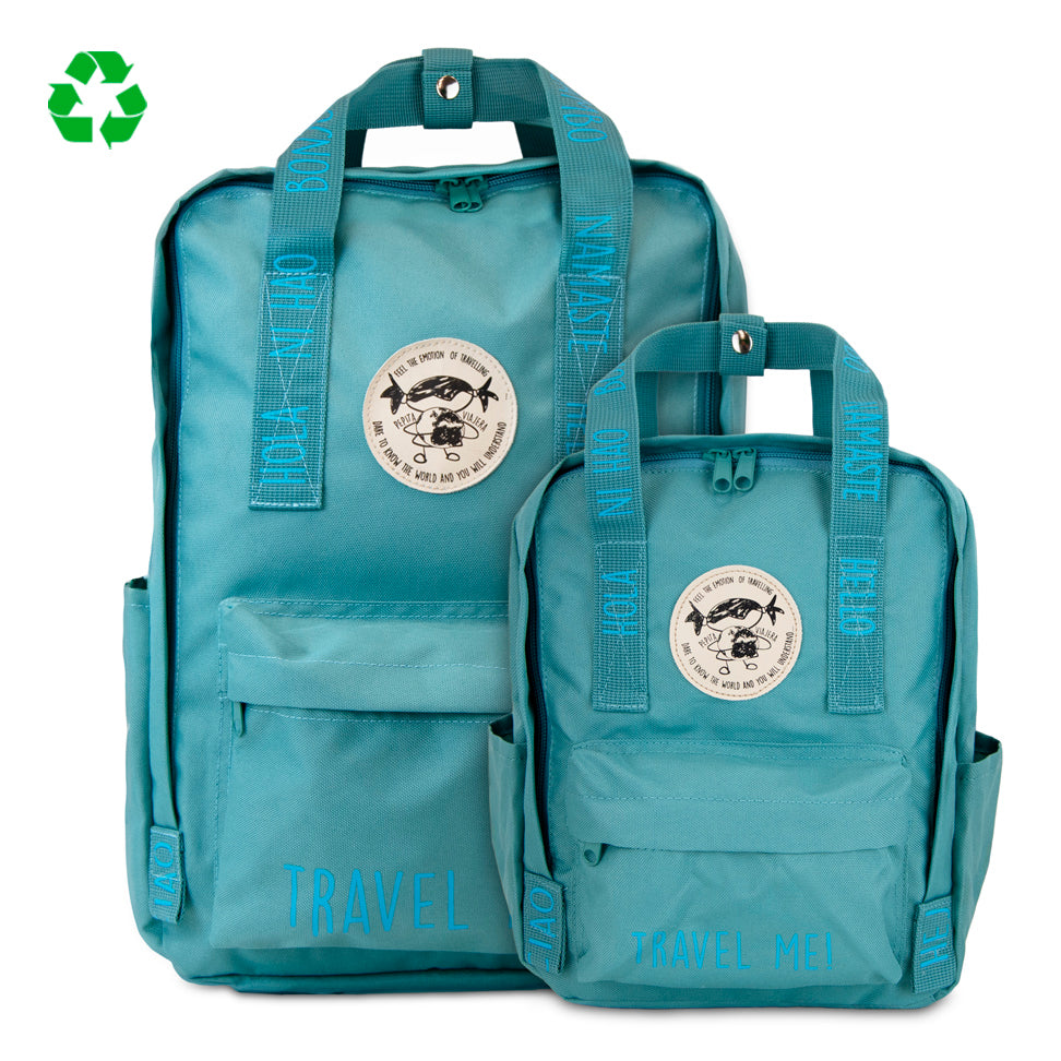 Pack Aguamarina Toptrip Saludos del Mundo- Mochilas + Botella Saludos Aguamarina