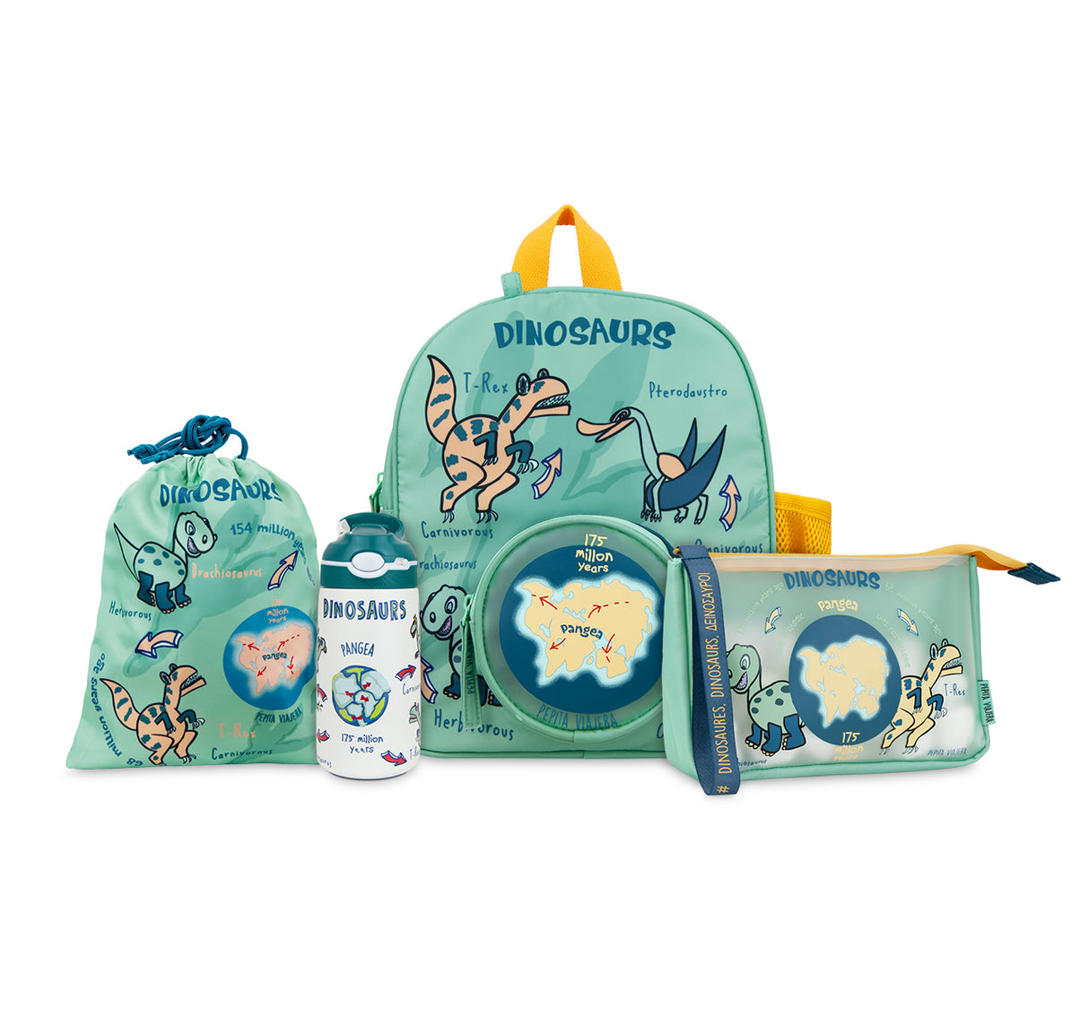 Pack Dinos botella térmica, mochila infantil, bolsa de almuerzo y neceser multiusos