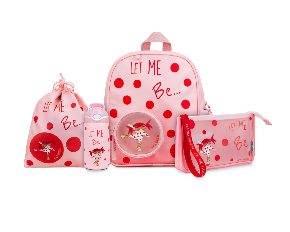 Pack Let me be con botella térmica, mochila infantil, bolsa de almuerzo y neceser multiusos
