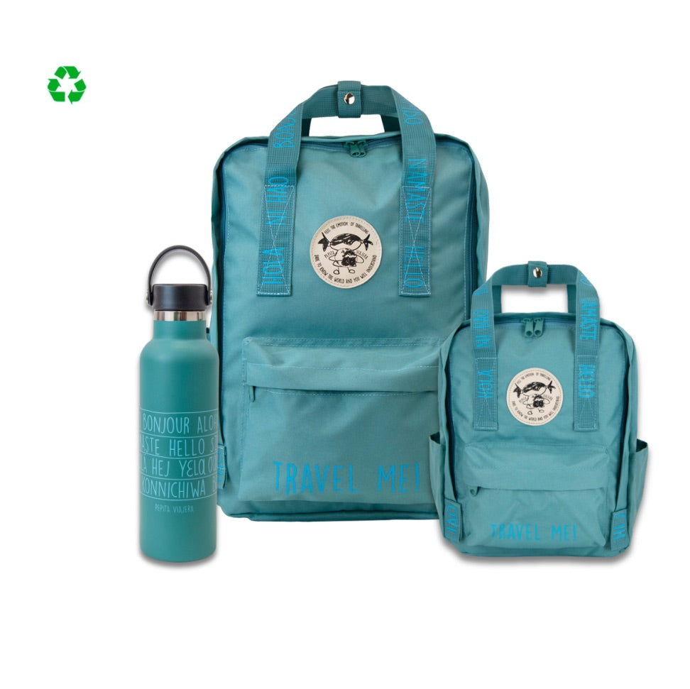Pack Aguamarina Toptrip Saludos del Mundo- Mochilas + Botella Saludos Aguamarina