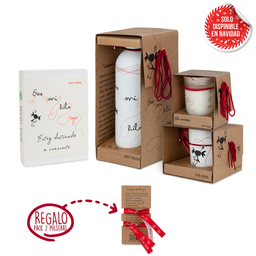 Pack Satori con vela, taza, caja de láminas y botella del Hilo Rojo.