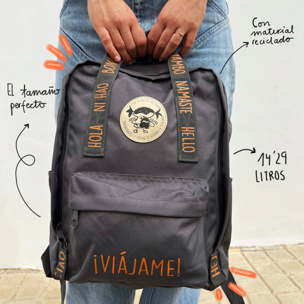 Mochila saludos del mundo ¡Viájame! Gris