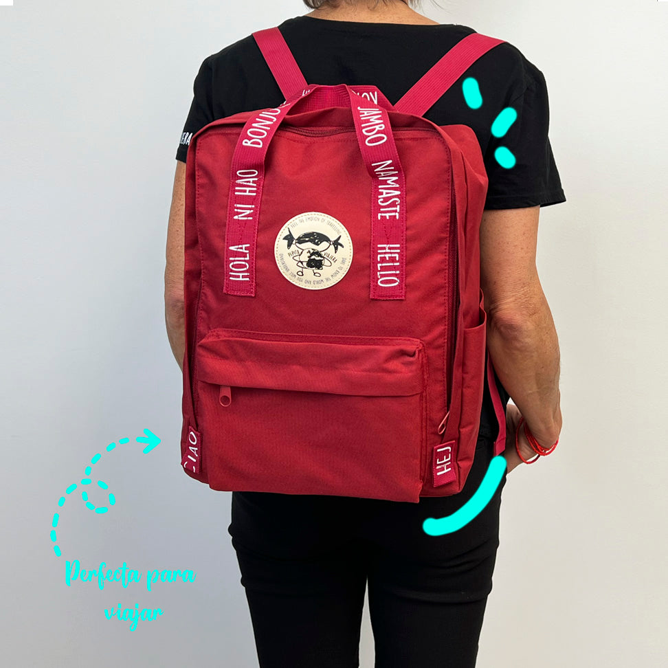 Greetings from the world red backpack - English