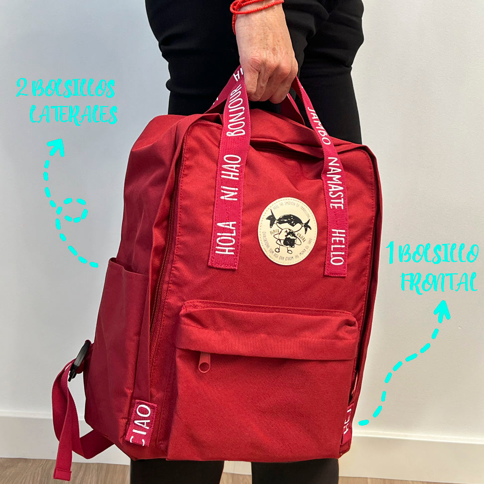 Greetings from the world red backpack - English