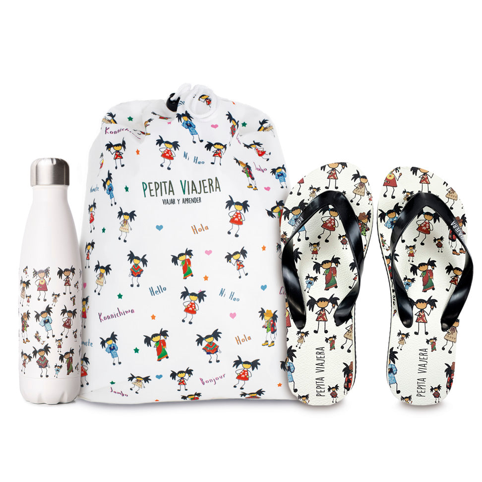 Pack Beach con Chanclas, Botella Térmica y Mochila blanda Pepitas del Mundo