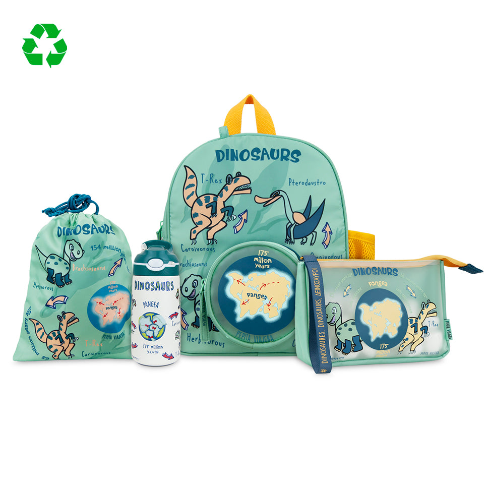 Pack Dinos borraccia termica, zaino per bambini, borsa per il pranzo e pochette multiuso