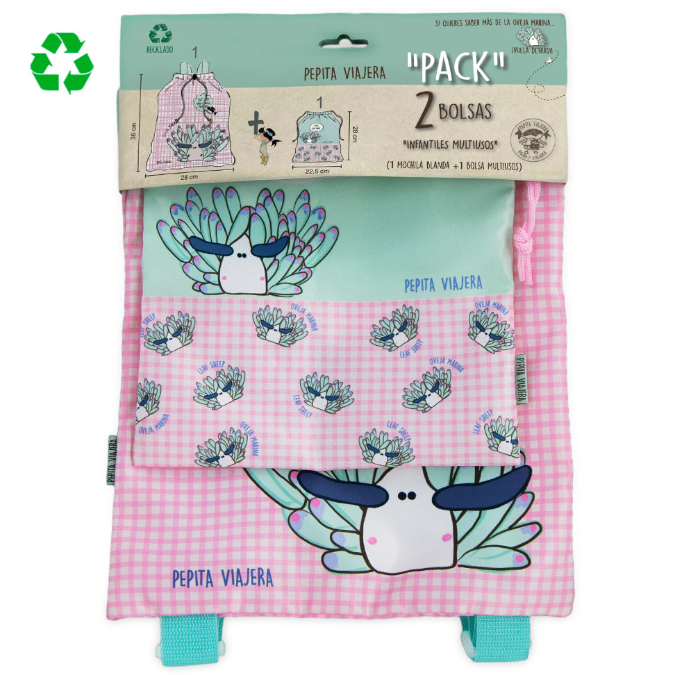 Pack of recycled multipurpose bags and soft backpack Sea Sheep