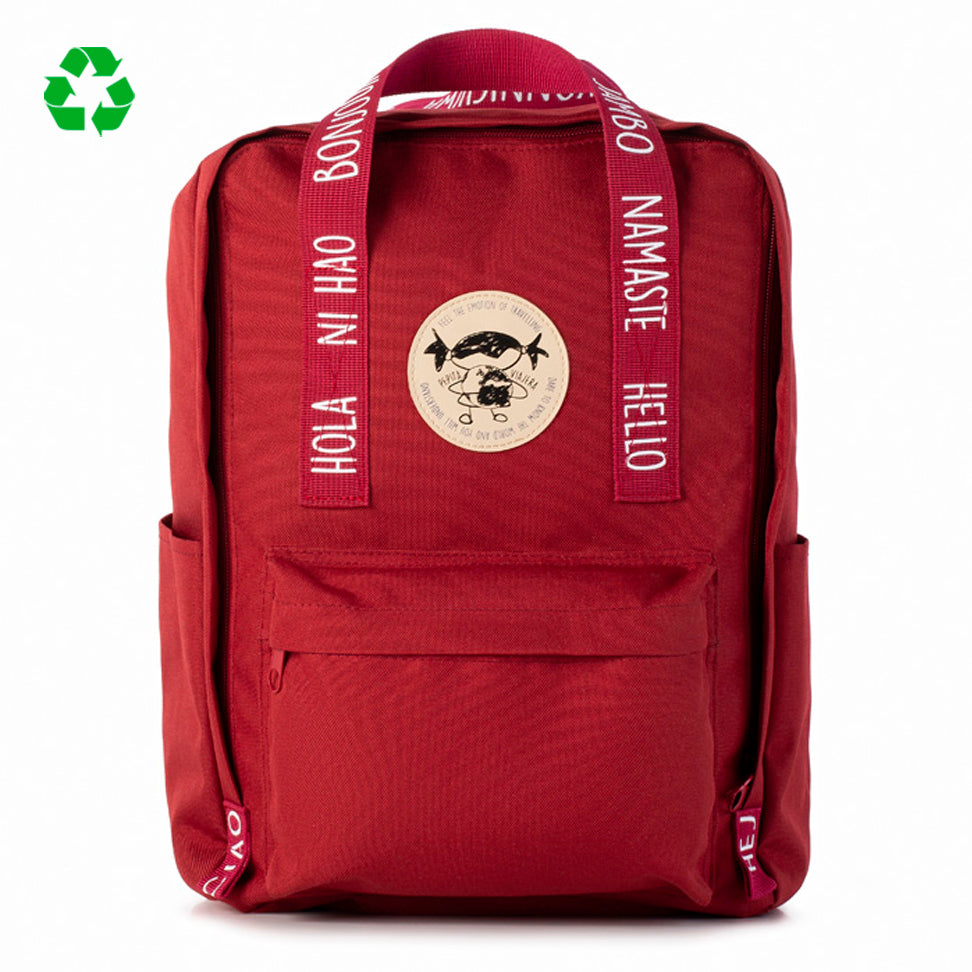 Greetings from the world red backpack - English