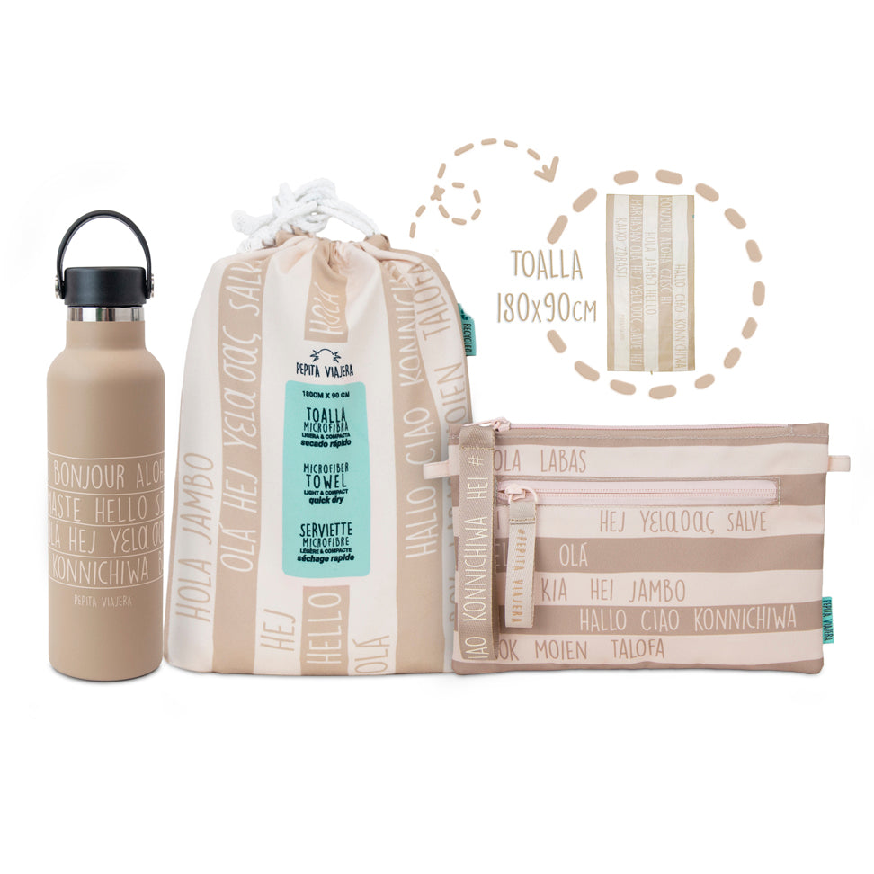 Pack Hello Mountain! botella térmica, toalla y neceser camel