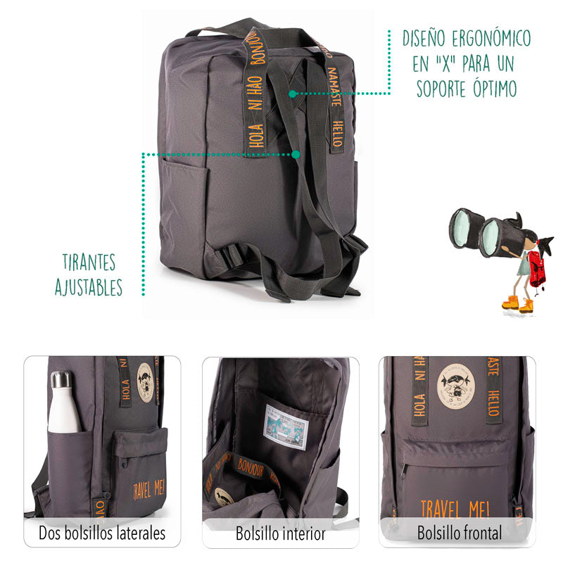 Pack mochila saludos y botella #moodlifetravel gris