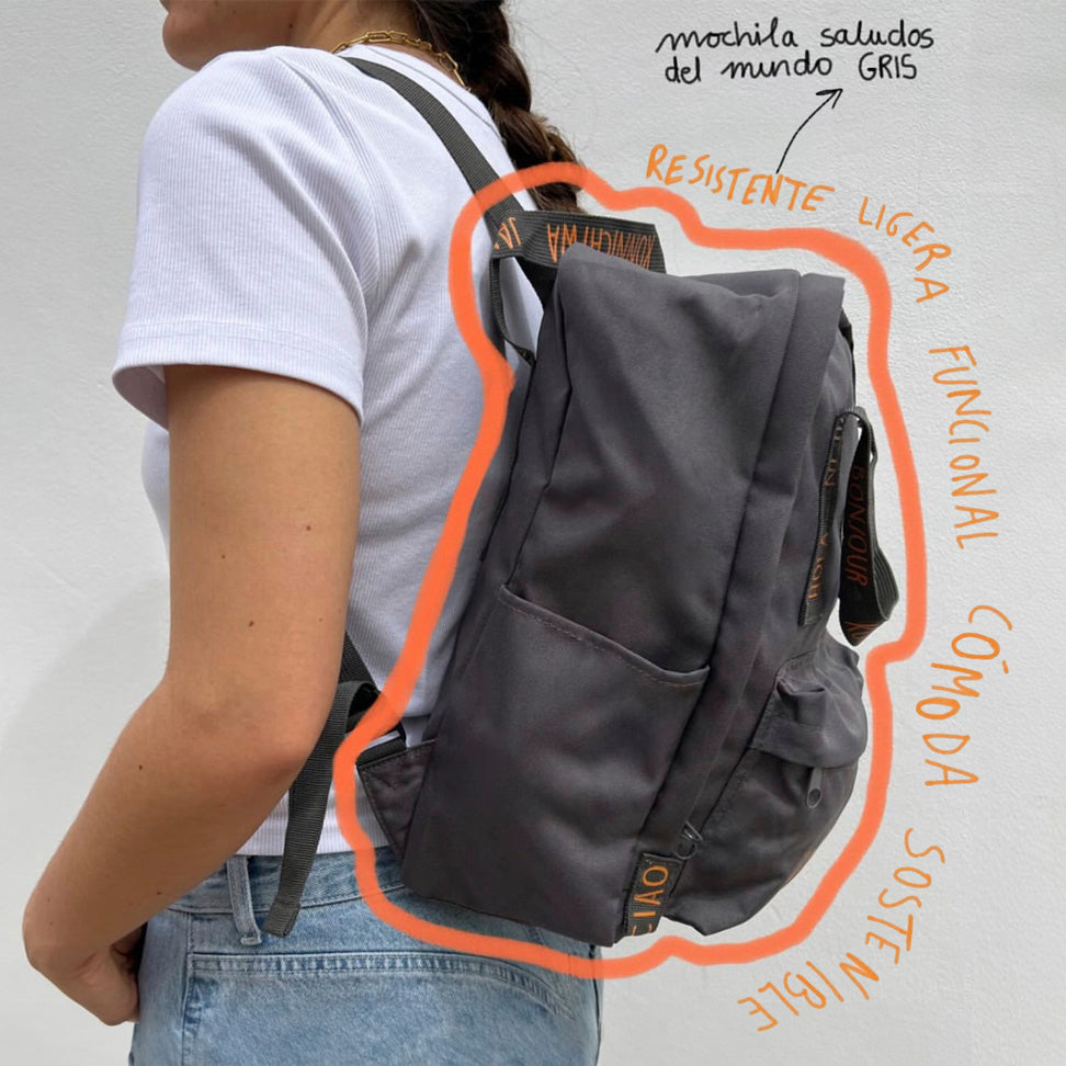 Mochila saludos del mundo ¡Viájame! Gris - Inglés