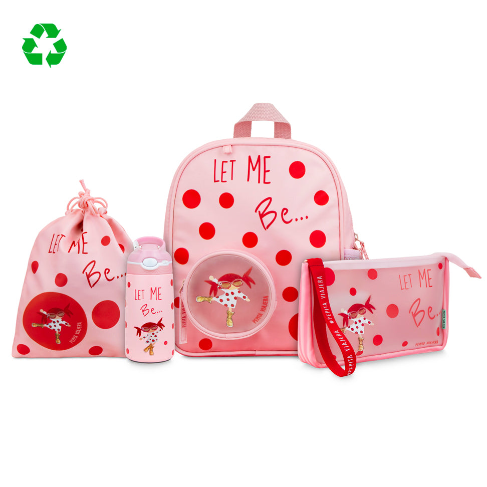 Pack Let me be con bottiglia termica, zaino per bambini, borsa da pranzo e beauty case multiuso