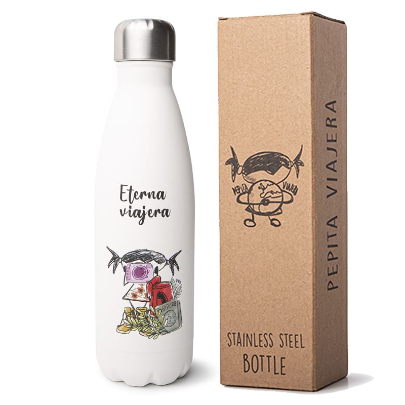 Detalle Packaging para la botella térmica de acero inoxidable de la marca Pepita Viajera modelo Eterna Viajera