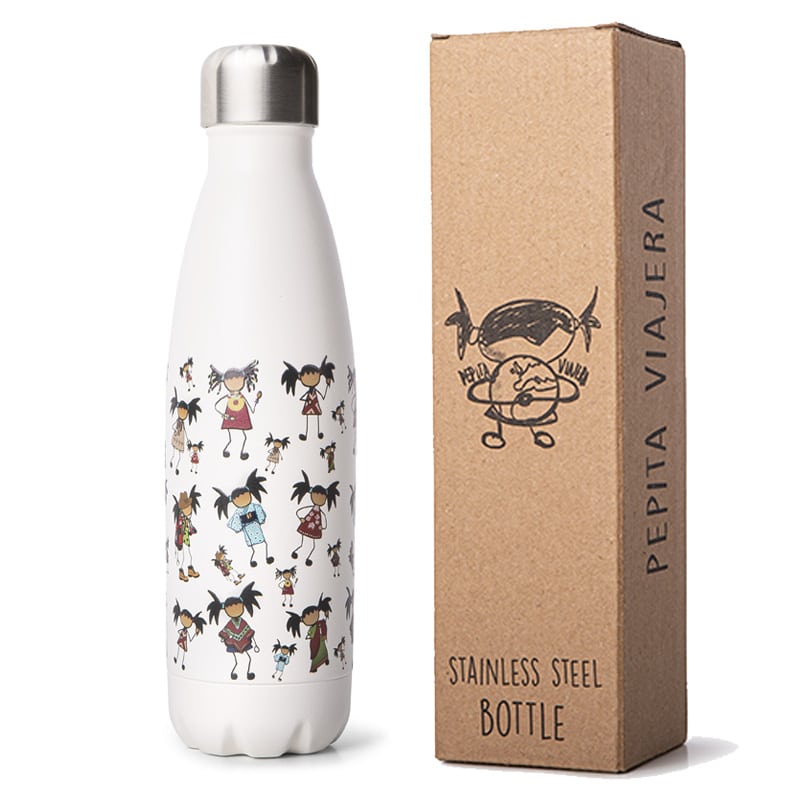 Detalle Packaging para la botella térmica de acero inoxidable de la marca Pepita Viajera modelo Pepitas del Mundo