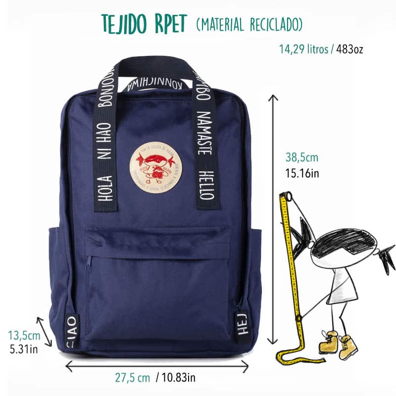 Medidas de la mochila modelo saludos del mundo hecha con materiales reciclados en color azul de la marca Pepita Viajera