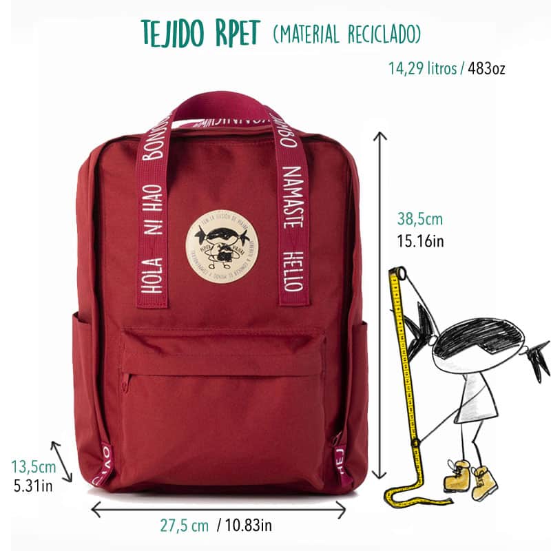Medidas de la mochila modelo saludos del mundo hecha con materiales reciclados en color rojo de la marca Pepita Viajera