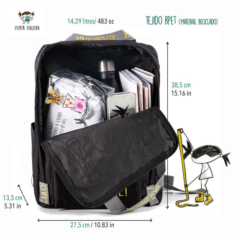 Medidas de la mochila modelo saludos del mundo hecha con materiales reciclados en color negro de la marca Pepita Viajera