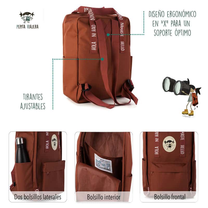 Detalles de la mochila modelo saludos del mundo hecha con materiales reciclados en color rojo de la marca Pepita Viajera