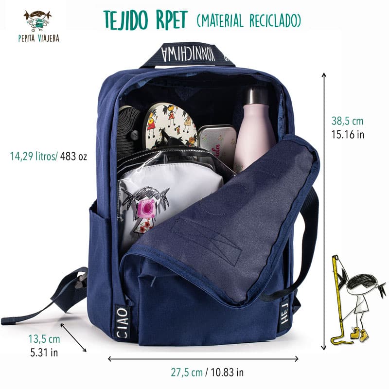 Medidas de la mochila modelo saludos del mundo hecha con materiales reciclados en color azul de la marca Pepita Viajera