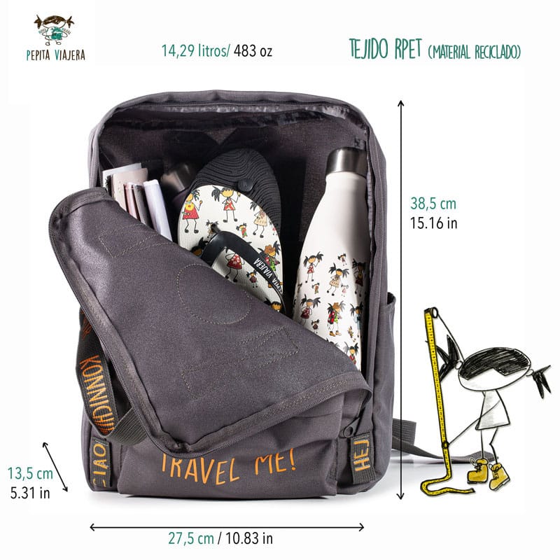 Medidas de la mochila modelo saludos del mundo hecha con materiales reciclados en color gris de la marca Pepita Viajera