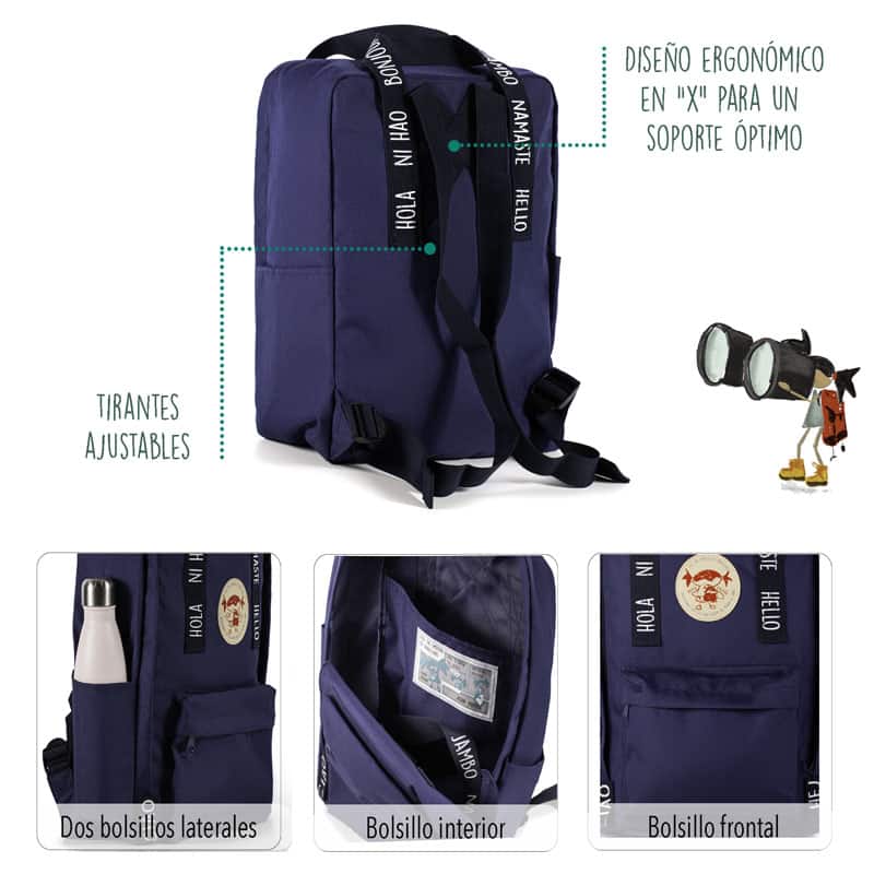 Detalles de la mochila modelo saludos del mundo hecha con materiales reciclados en color azul de la marca Pepita Viajera