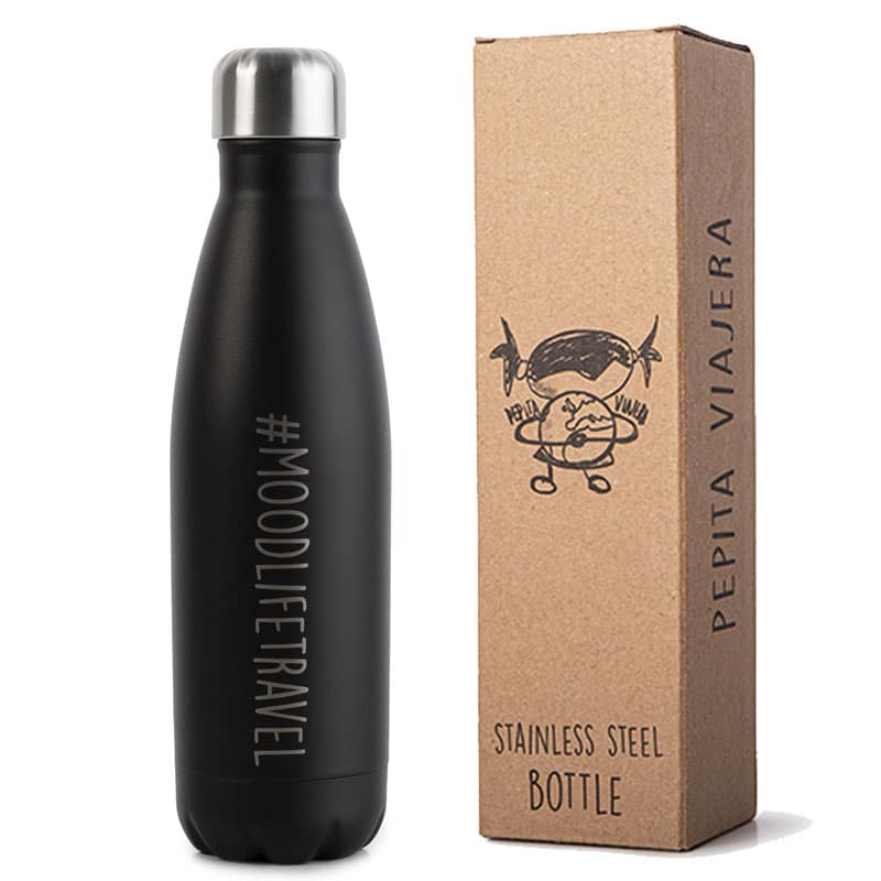 Detalle Packaging para la botella térmica de acero inoxidable de la marca Pepita Viajera modelo #moodlifetravel
