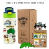 Botella térmica infantil de acero inoxidable de la marca Pepita Viajera, modelo Australia, detalle del packaging y la información educativa