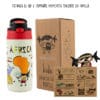 Botella térmica infantil de acero inoxidable de la marca Pepita Viajera, modelo África, detalle del packaging y la información educativa
