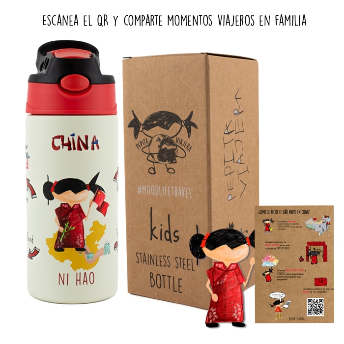 Botella térmica infantil de acero inoxidable de la marca Pepita Viajera, modelo China, detalle del packaging y la información educativa