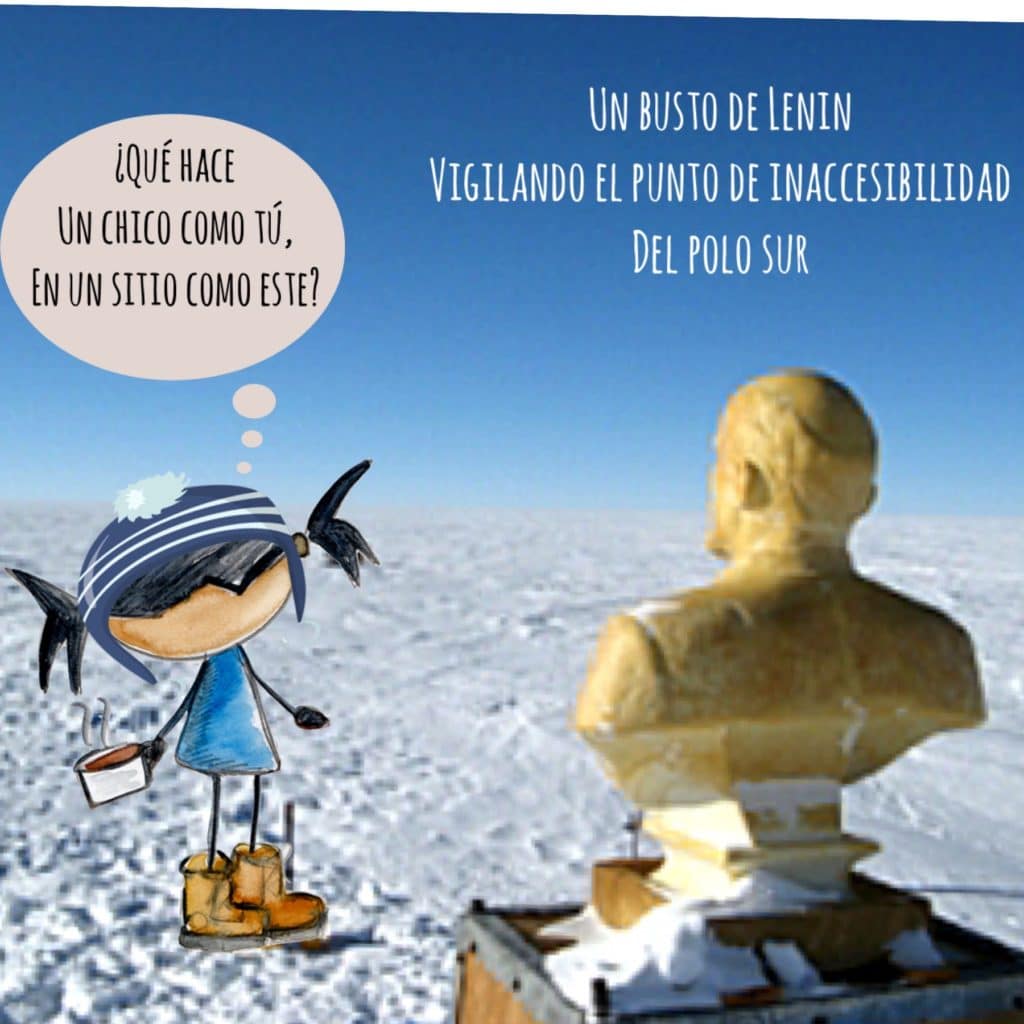 Se ve a Pepita hablando con el busto de Lenin y al fondo se ve un paisaje helado infinito.