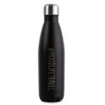 Vista frontal de la botella térmica de acero inoxidable de la marca Pepita Viajera modelo #moodlifetravel color negro