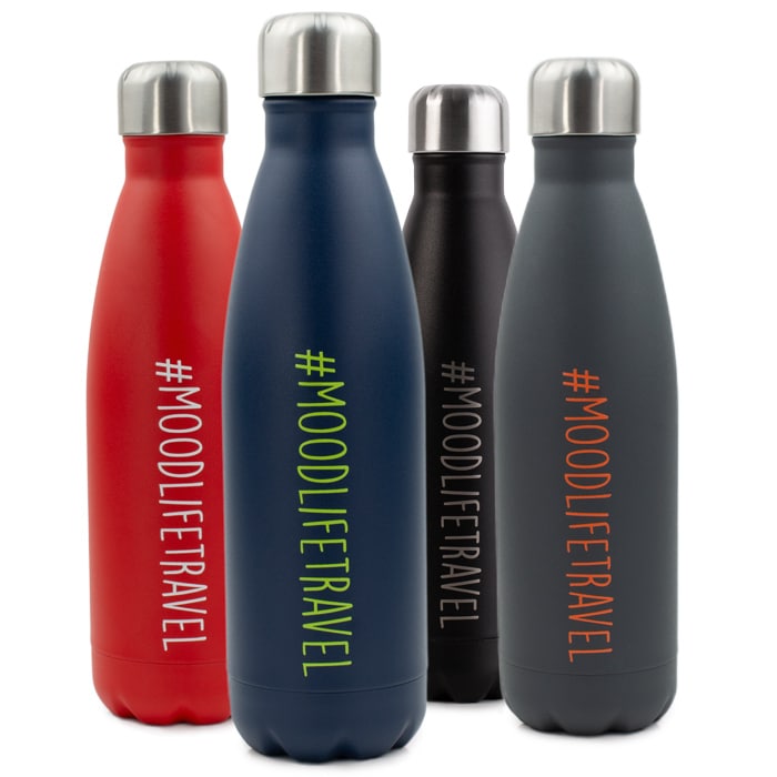 Botellas térmicas para viajar. Botellas de color rojo, azul, negro y gris de la línea Moodlifetravel.