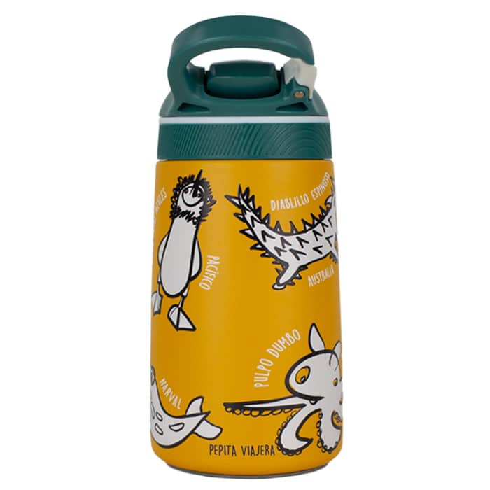 Detalle trasero botella infantil termica colección animales raros marca Pepita Viajera, viajar, regalos