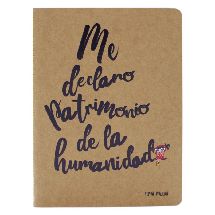 Libreta Kraft a5 marca Pepita Viajera colección Me declaro Patrimonio de la Humanidad detalle frontal, regalo, vuelta al cole