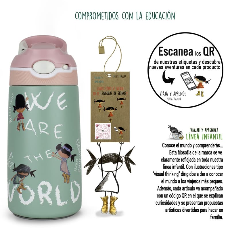Información educativa adicional botella infantil termica colección saludos del mundo marca Pepita Viajera