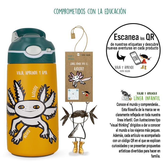 Información educativa adicional botella infantil termica colección animales raros marca Pepita Viajera