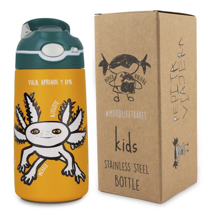 Detalle packaging botella infantil termica colección animales raros marca Pepita Viajera