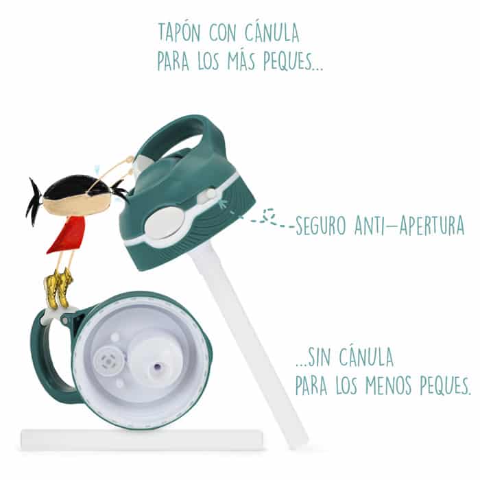 Detalle tapón antifugas, seguro apertura botella infantil termica colección animales raros marca Pepita Viajera