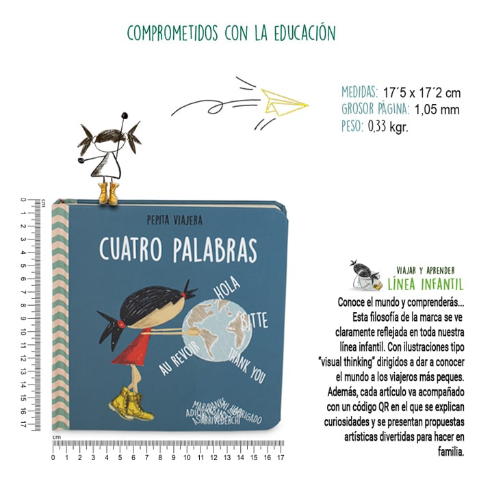Medidas y peso del libro educativo con cuatro palabras, colección saludos del mundo, de la marca Pepita Viajera