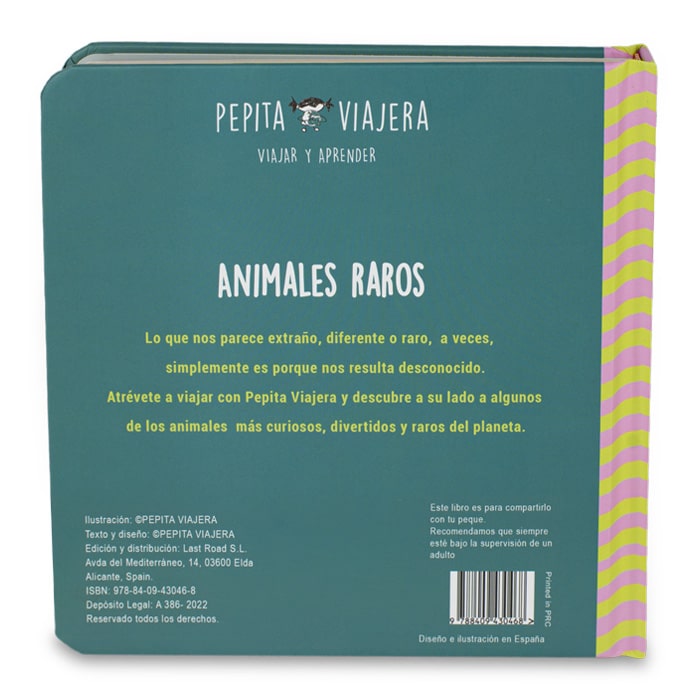Vista trasera del libro educativo animales raros, colección animales raros, de la marca Pepita Viajera