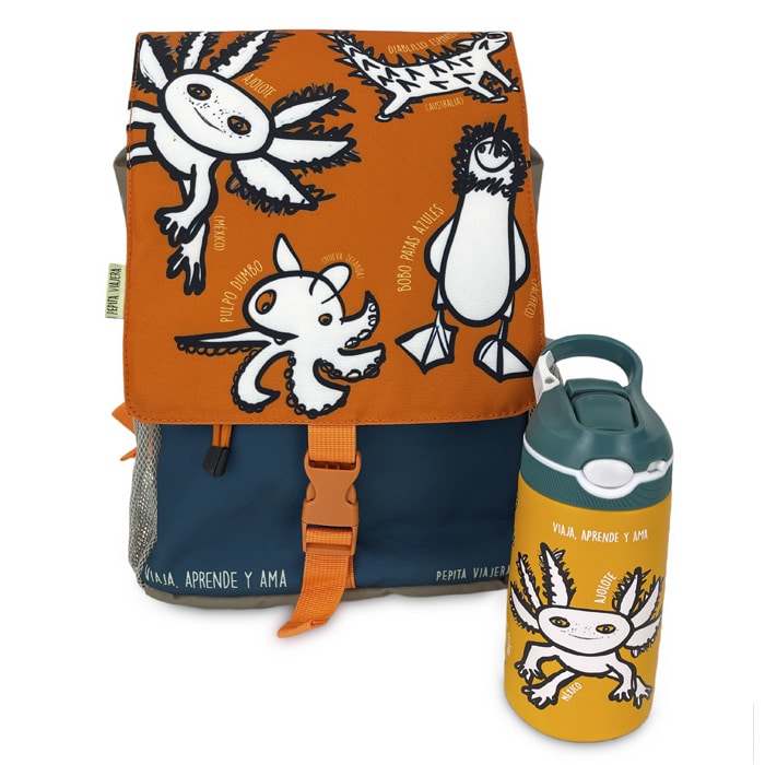 Packs Viaje escapada colección animales raros de la marca Pepita Viajera, regalos viaje, botella termica, mochila reciclada con pizarra