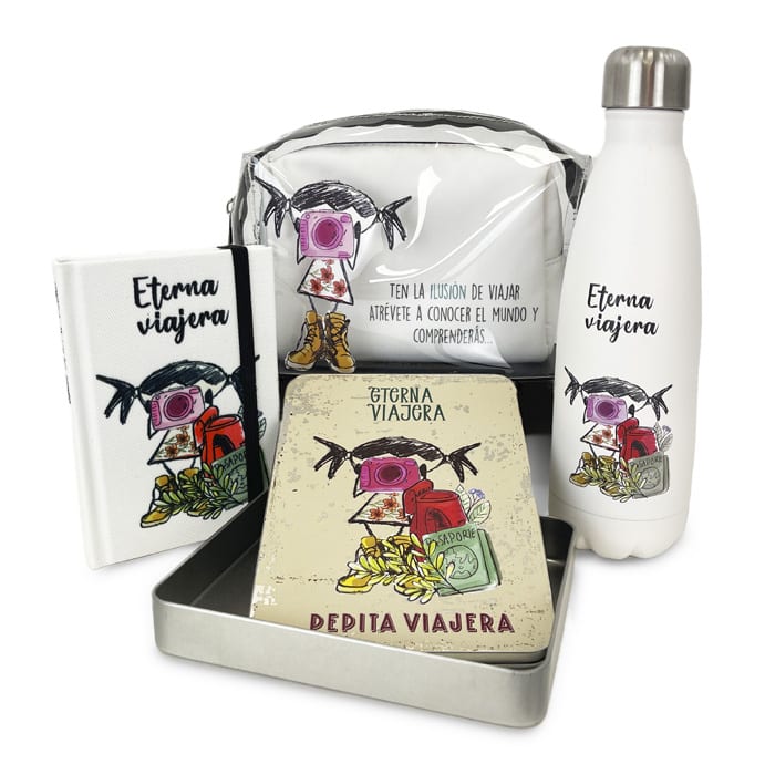 Packs Viaje colección Eterna Viajera de la marca Pepita Viajera, regalos viaje, botella térmica, neceser doble, agenda eterna, caja metálica deluxe edition